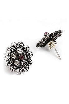 Silver Finish Red Stone Stud Earrings In Sterling Silver