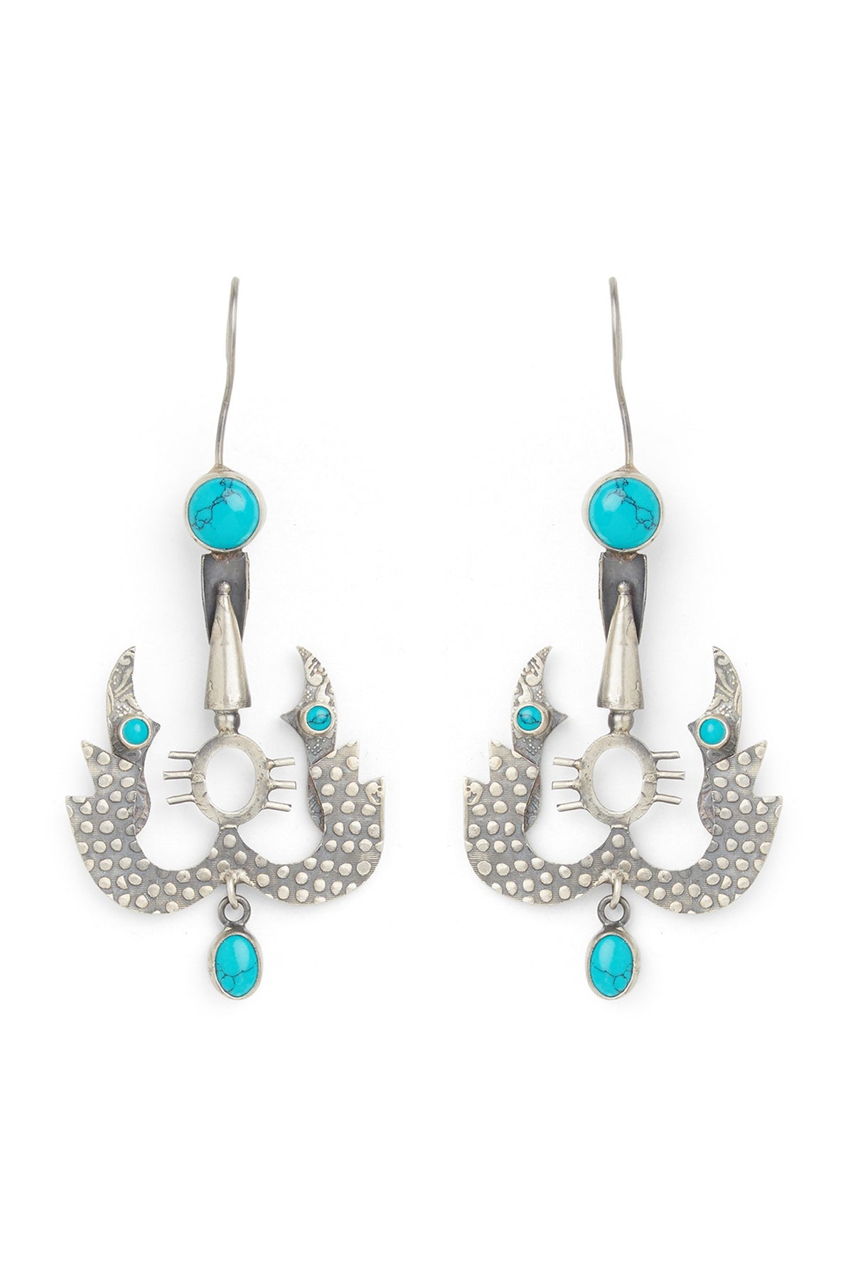 White Finish Turquoise Stone Dangler Earrings In Sterling Silver