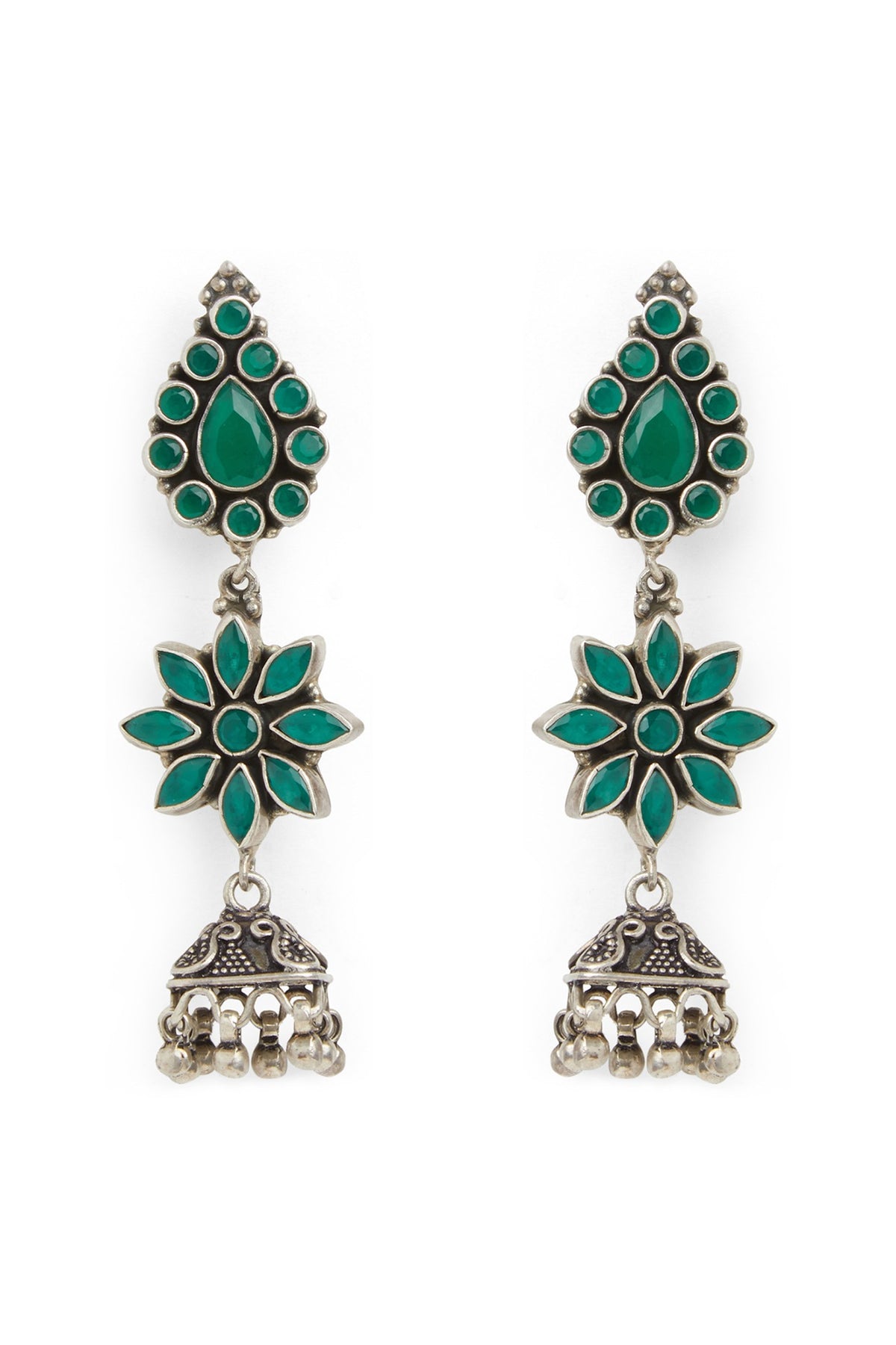 White Finish Synthetic Emerald Jhumka Earrings In Sterling Silver