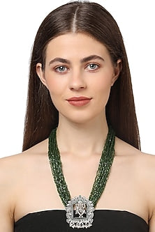 White Finish Synthetic Emerald Long Necklace In Sterling Silver