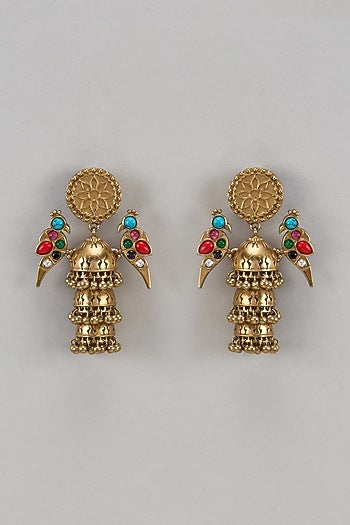 Gold Finish Multi-Colored Synthetic Stone Temple Layered Temple Jhumka Danglers Earrings