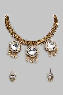Gold Finish Kundan Polki & Golden Stone Choker Necklace Set