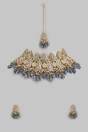 Gold Kundan Polki & Grey Stone Choker Necklace Set