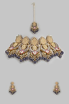 Gold Kundan Polki & Grey Stone Choker Necklace Set