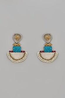 Two Tone Finish Turquoise Stone & Pearl Temple Chandbali Earrings
