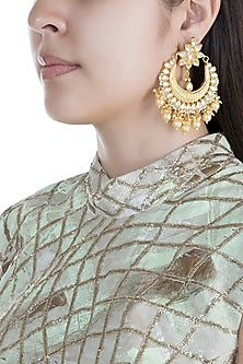 Gold Finish Pearls & Kundan Textured Chandbali Earrings