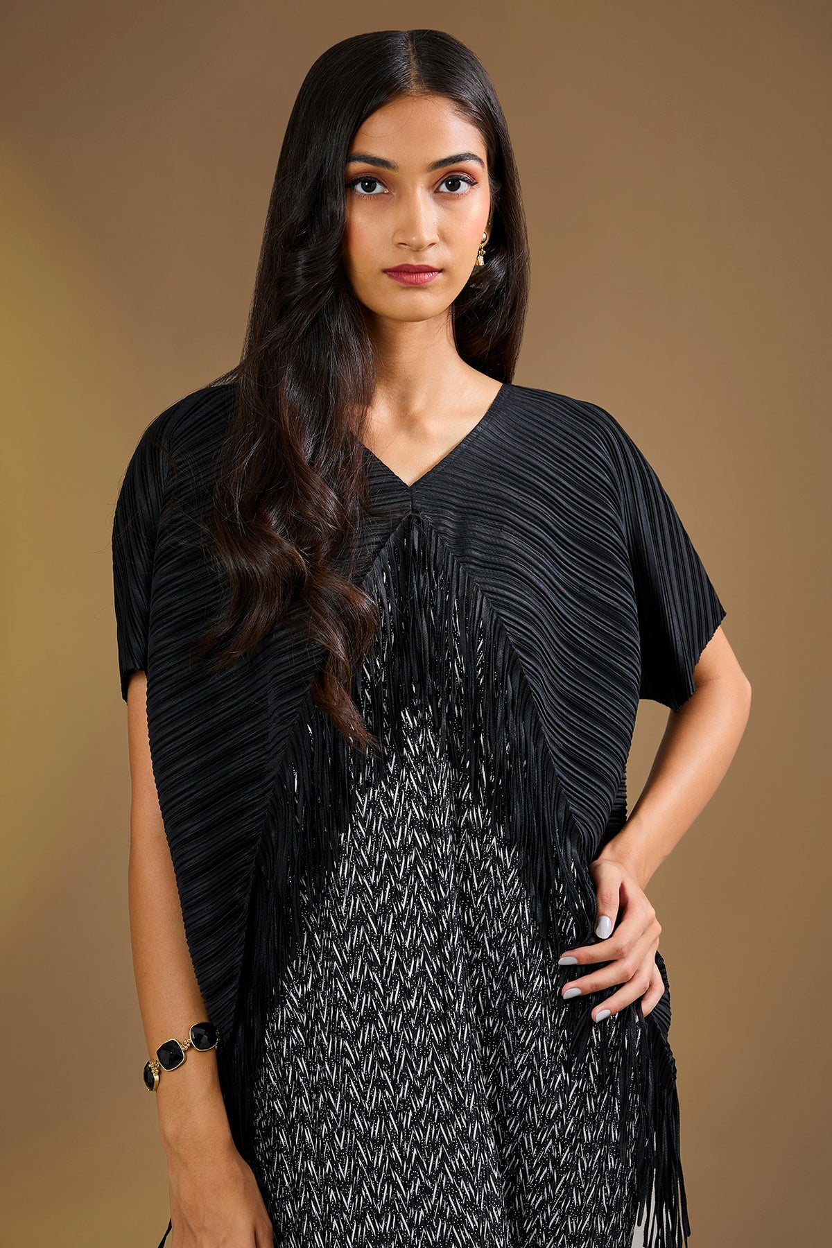 Black Silk Blend Fringed Pleated Midi Dress