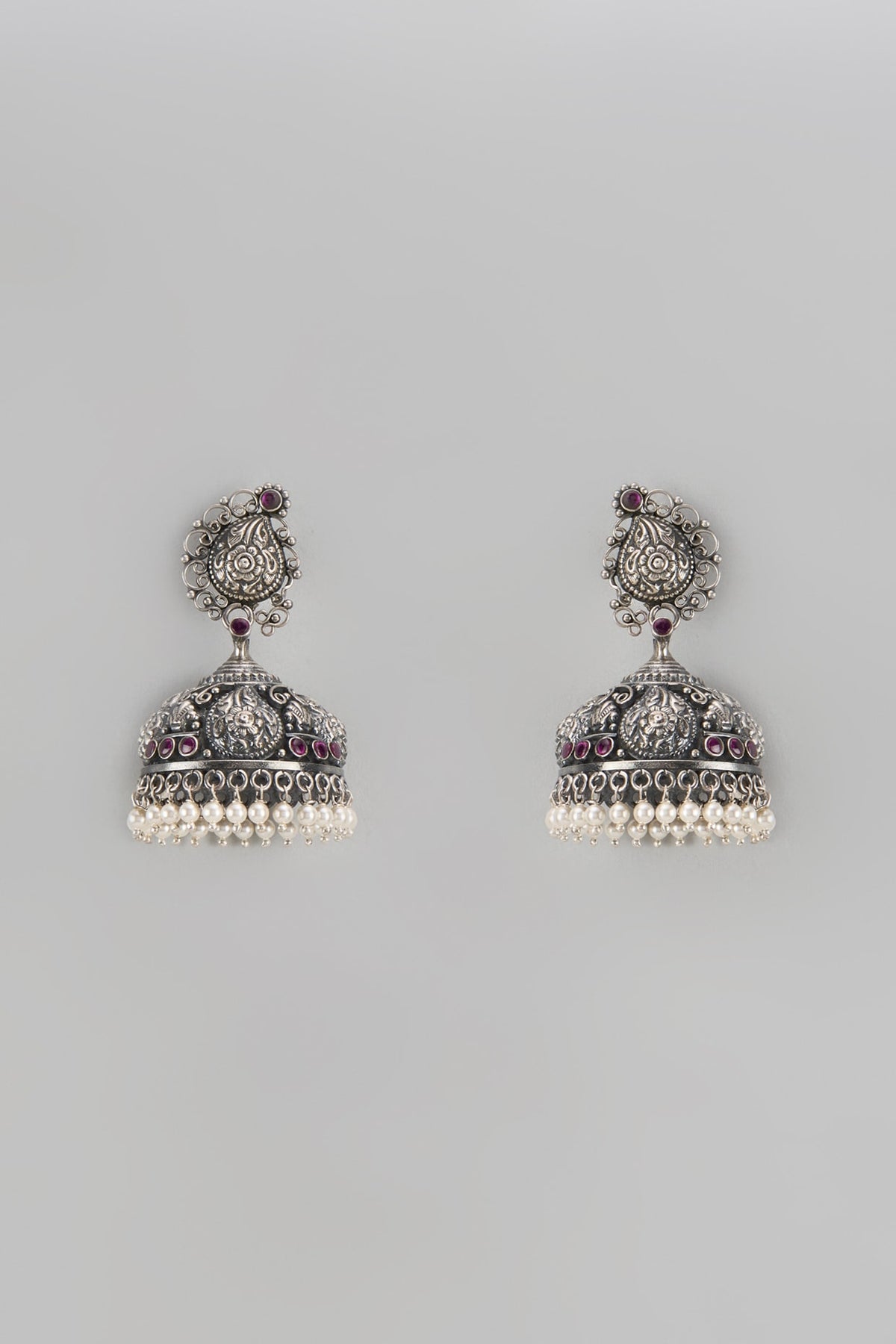 Silver Finish Synthetic Ruby Stone Jhumka Earrings In Sterling Silver