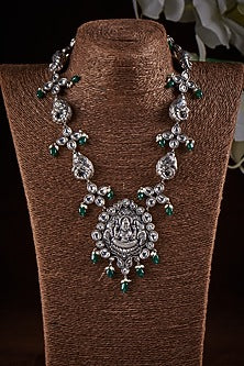 White Finish Kundan Polki Laxmi Necklace In Sterling Silver