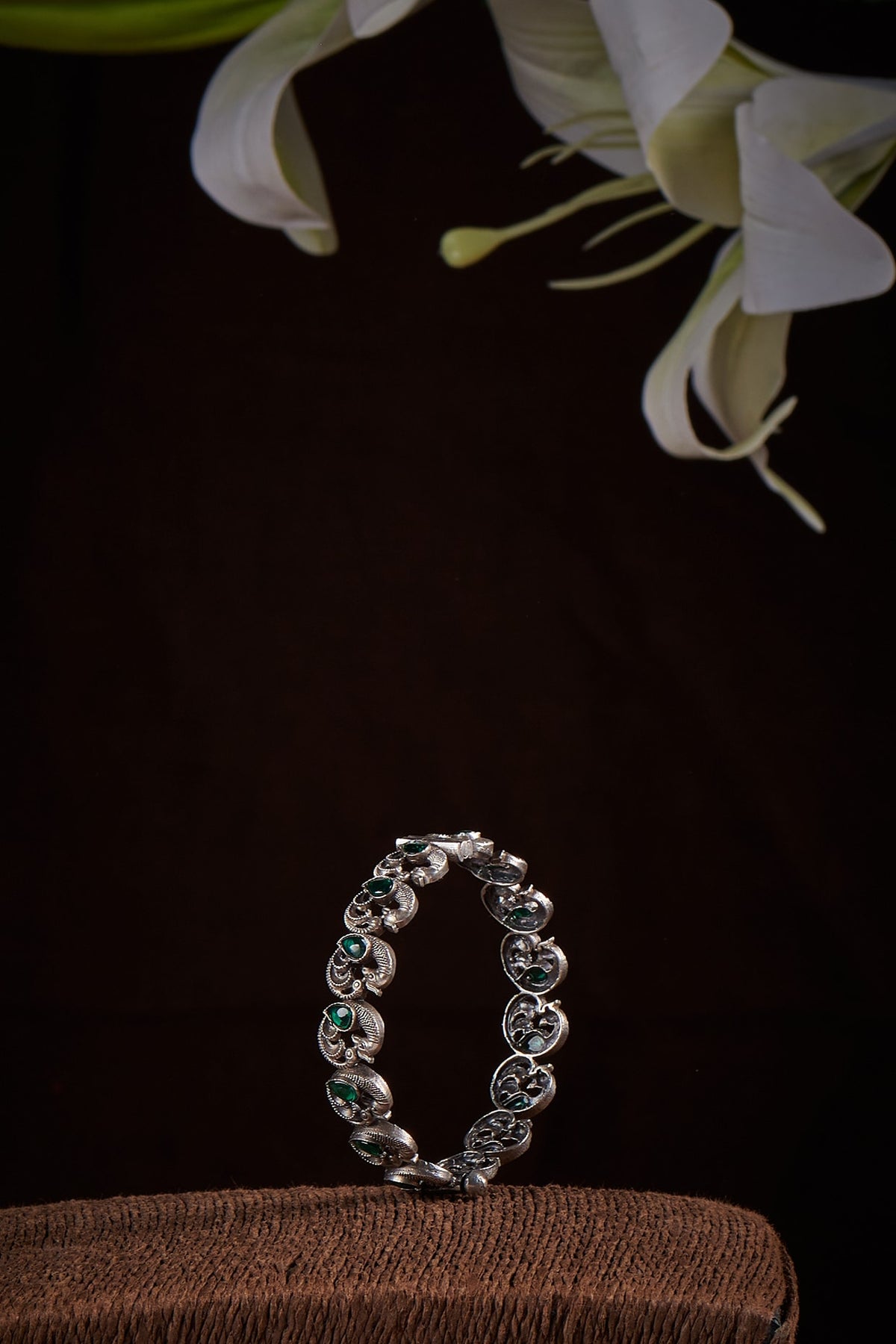 Peacock Motif Emerald Bangle In Sterling Silver