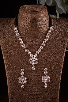 Rose Gold Finish Kundan Polki Necklace Set In Sterling Silver