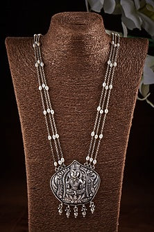 Beaded Pearl Laxmi Temple Long Necklace In Sterling Silver