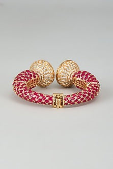 Gold Finish Kundan Polki & Cubic Zirconia Red Meenakari Kada