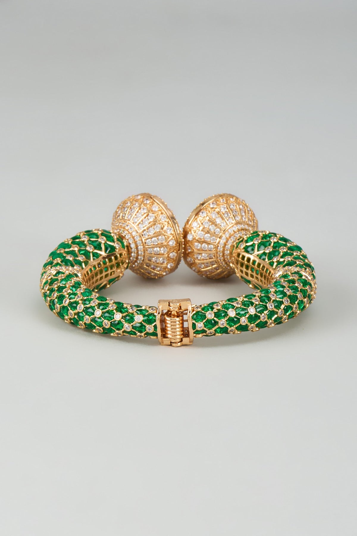 Gold Finish Kundan Polki & Cubic Zirconia Green Meenakari Kada