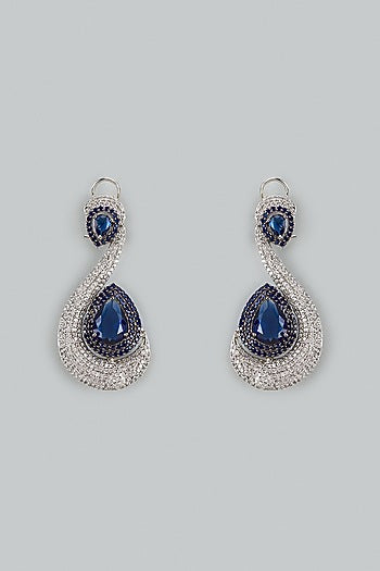 White Finish Cubic Zirconia & Blue Stone Dangler Earrings