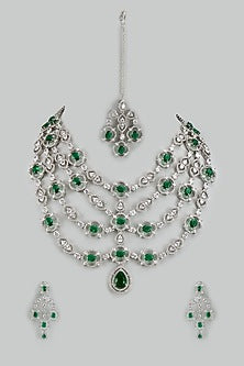 White Finish Cubic Zirconia & Emerald Stone Layered Necklace Set