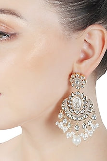 Gold Finish Faux Diamond & Kundan Polki Meenakari Chandbaali Earrings