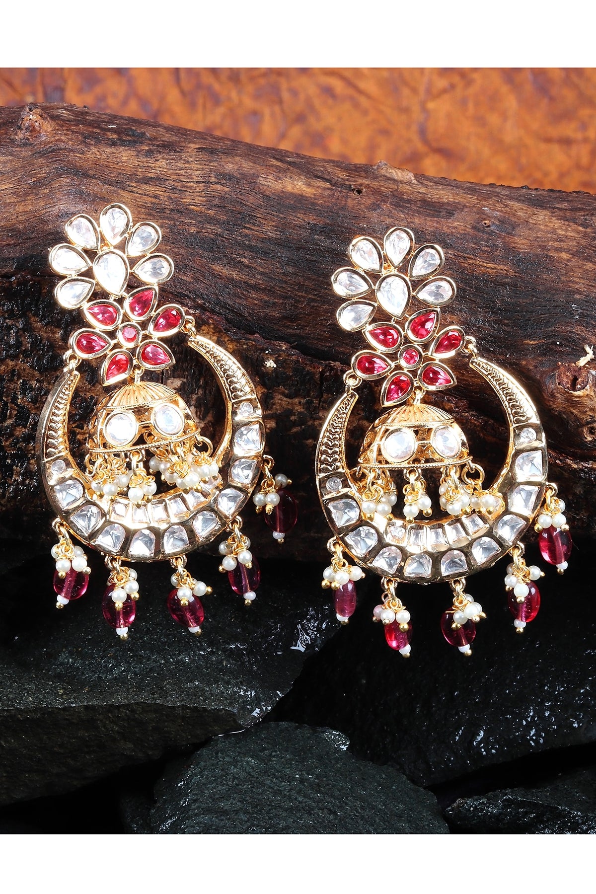 Gold Finish Red Kundan Polki & Beaded Chandbali Earrings