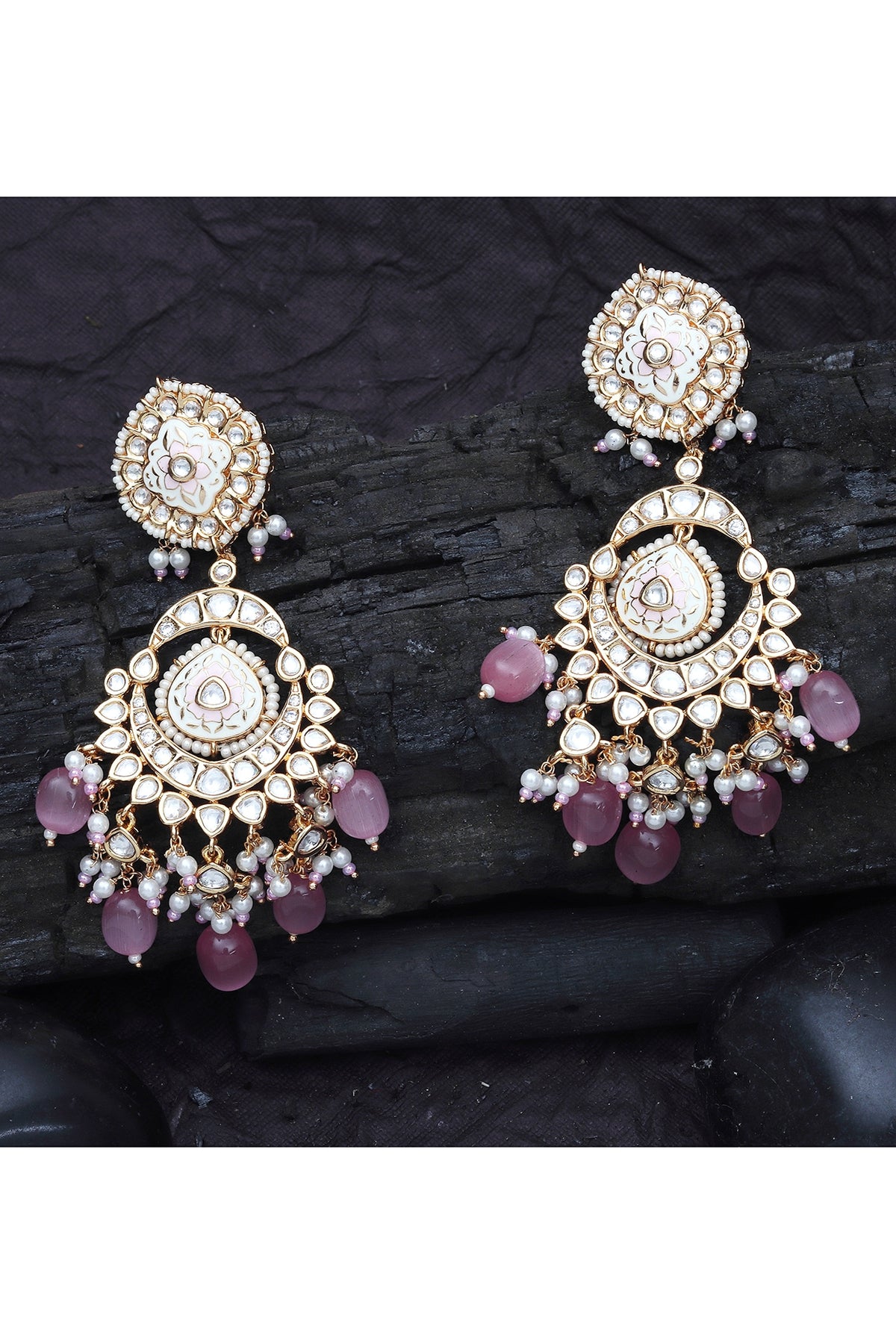 Gold Finish Kundan Polki & Beaded Meenakari Dangler Earrings