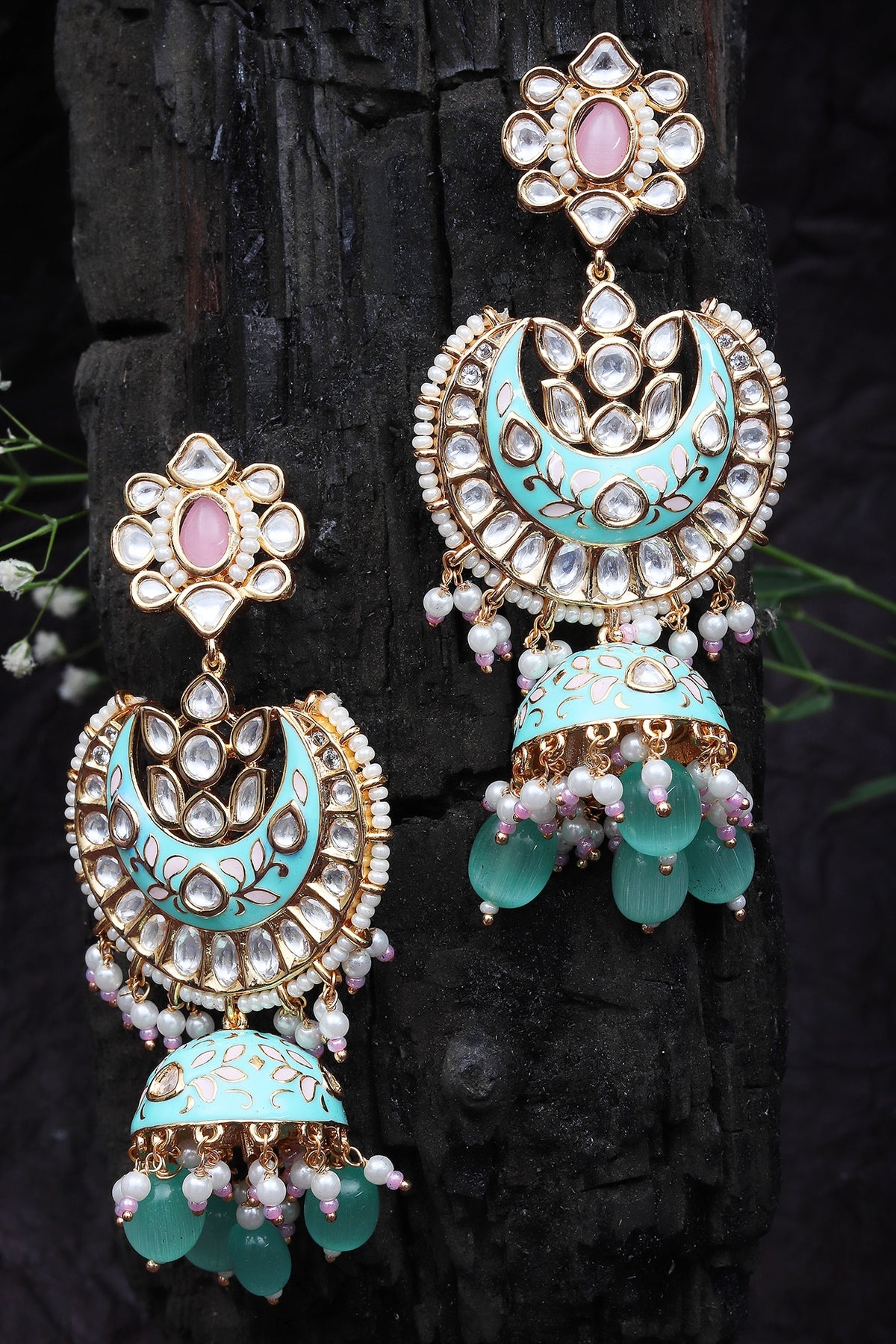 Gold Finish Kundan Polki & Beaded Meenakari Jhumka Earrings