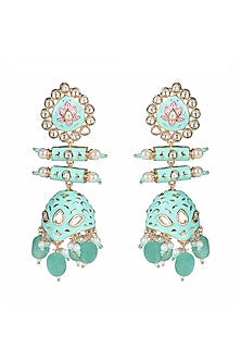 Gold Finish Kundan Polki & Beaded Meenakari Jhumka Earrings