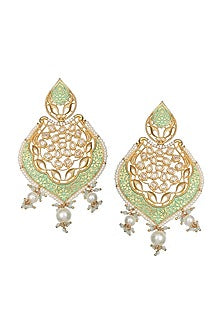 Gold Finish Kundan Polki & White Beaded Meenakari Dangler Earrings