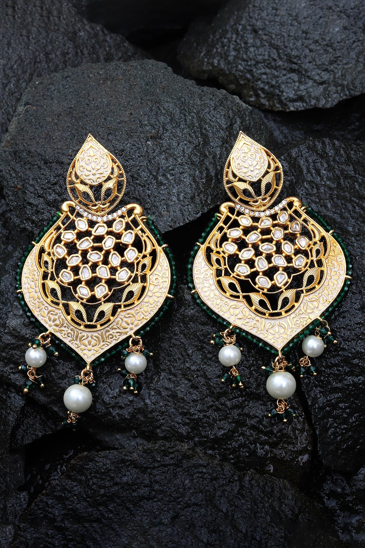 Gold Finish Green Kundan Polki & Beaded Meenakari Dangler Earrings