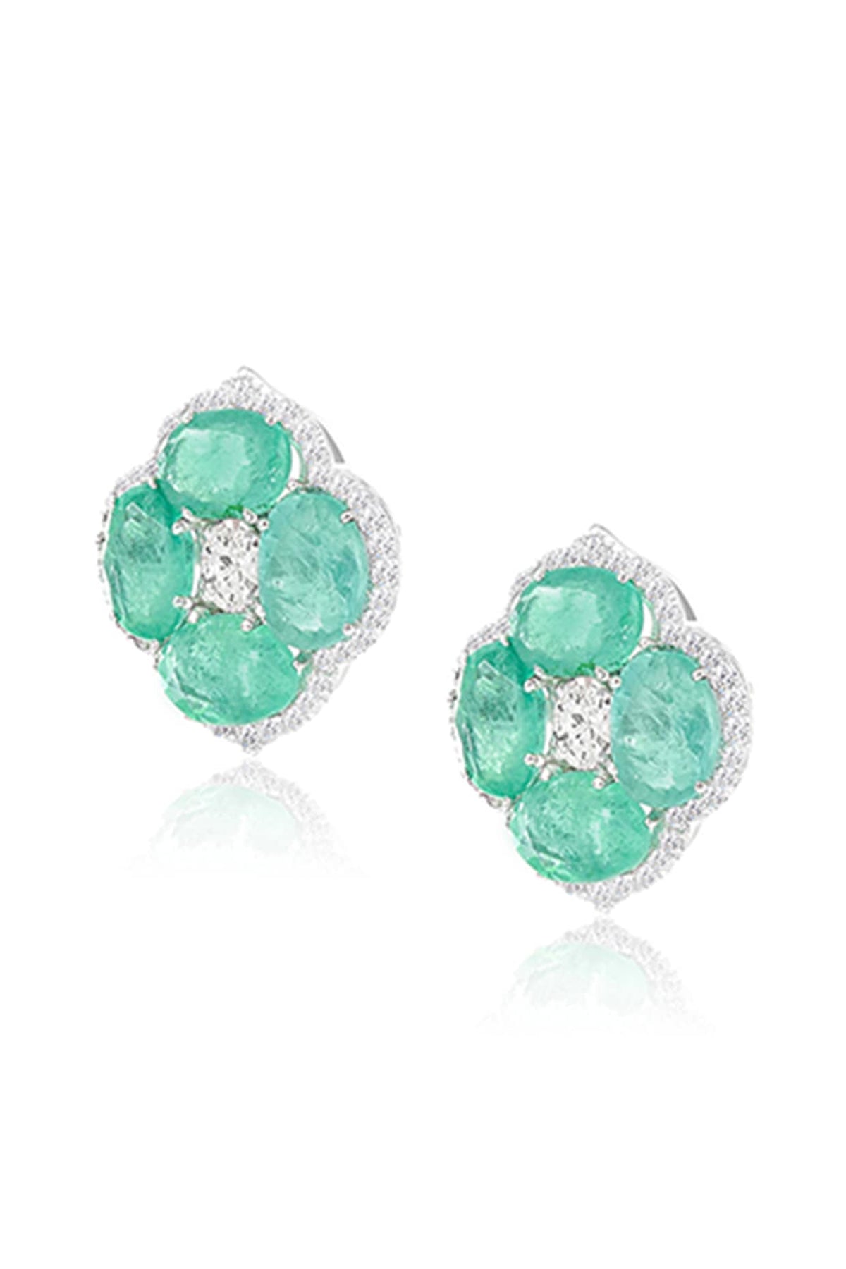 14kt White Gold Finish Diamond & Emerald Stud Earrings
