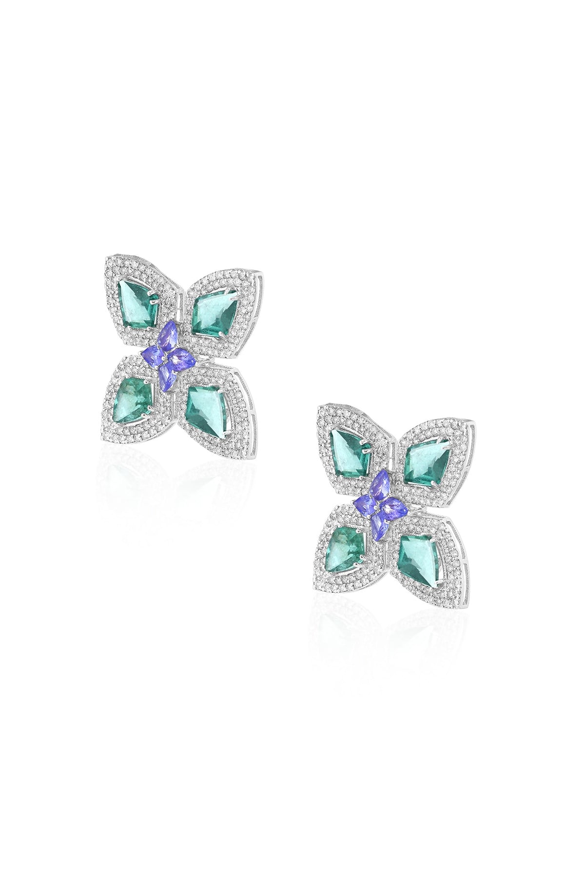 14kt White Gold Finish Diamond & Emerald Stud Earrings