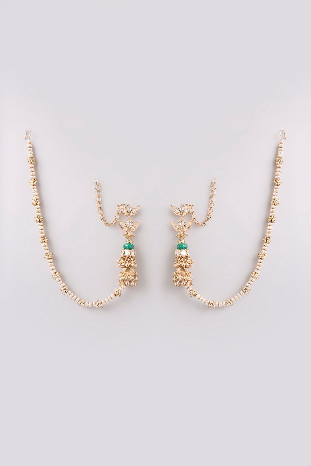 Gold Finish Kundan Polki & Seed Pearl Ear Chains