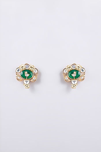 Gold Finish Green Kundan Polki Dangler Earrings