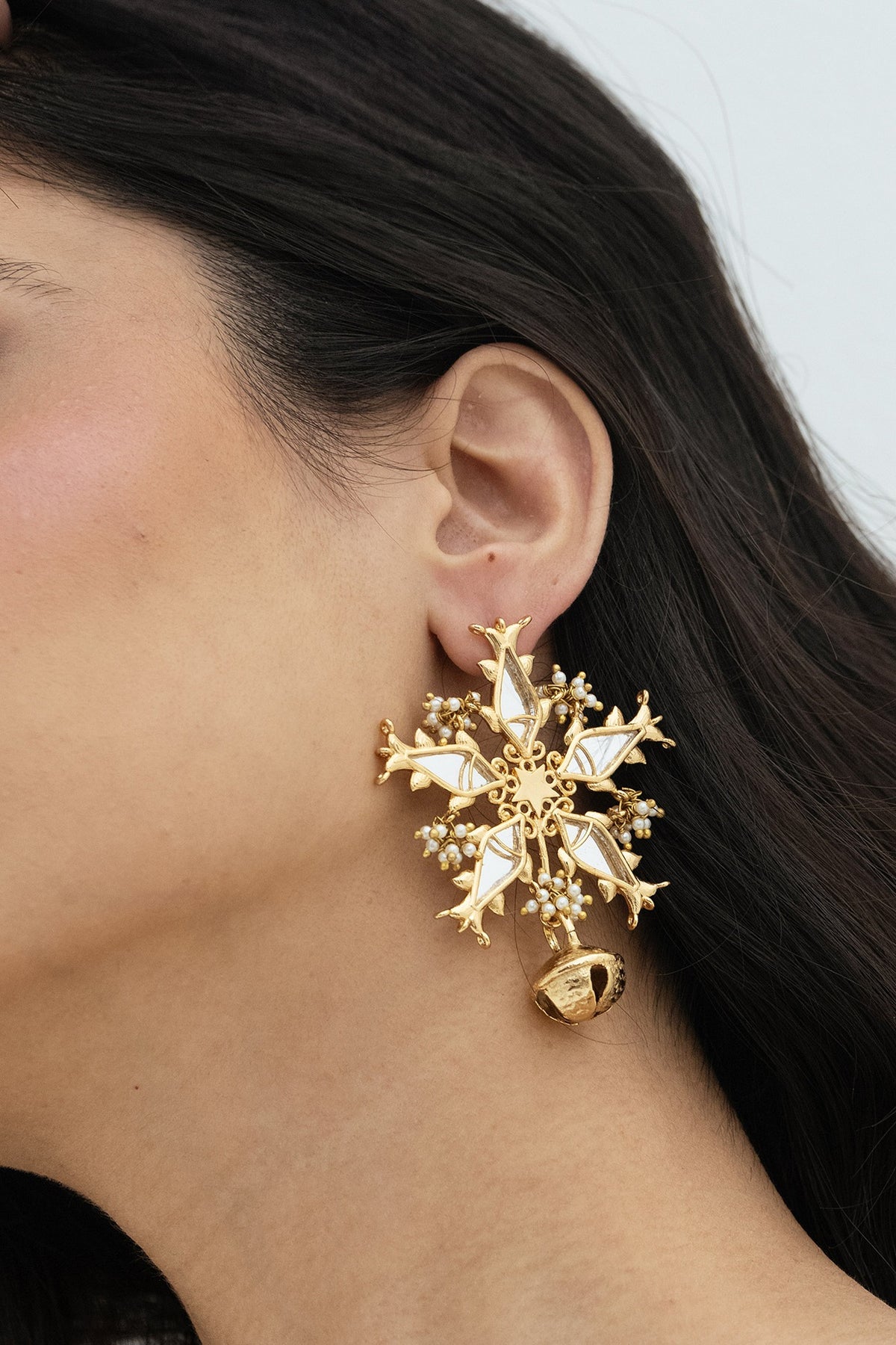 Gold Plated Faux Pearl & Mirror Work Stud Earrings