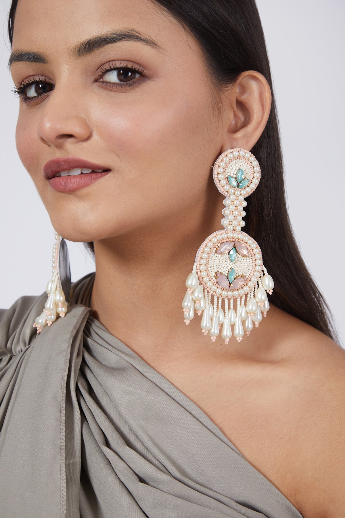 White Glass Stone Embroidered Earrings