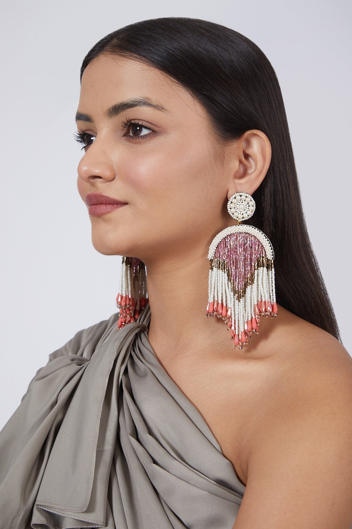White Glass Stone Long Earrings