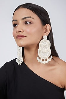 White Beaded Long Earrings