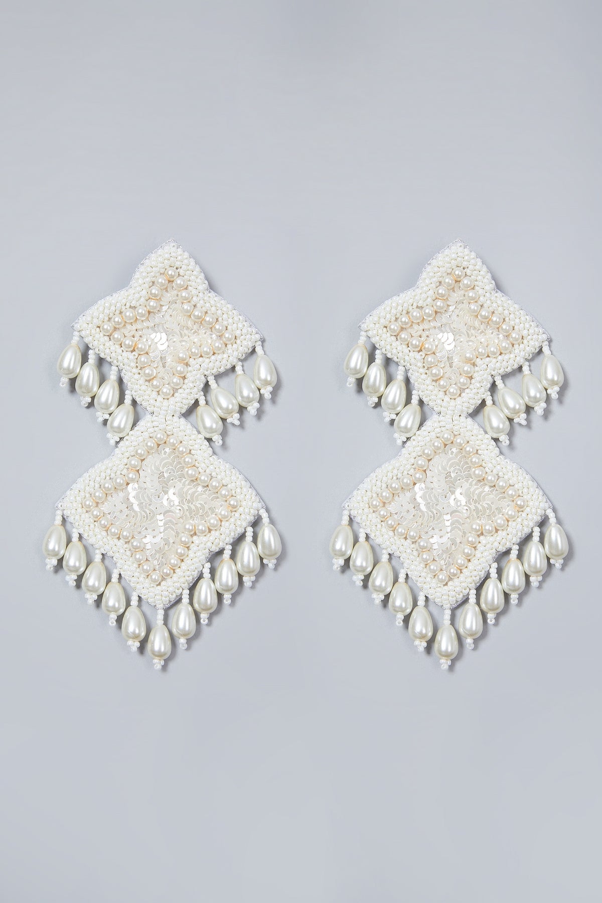 White Hand Embroidered Dangler Earrings
