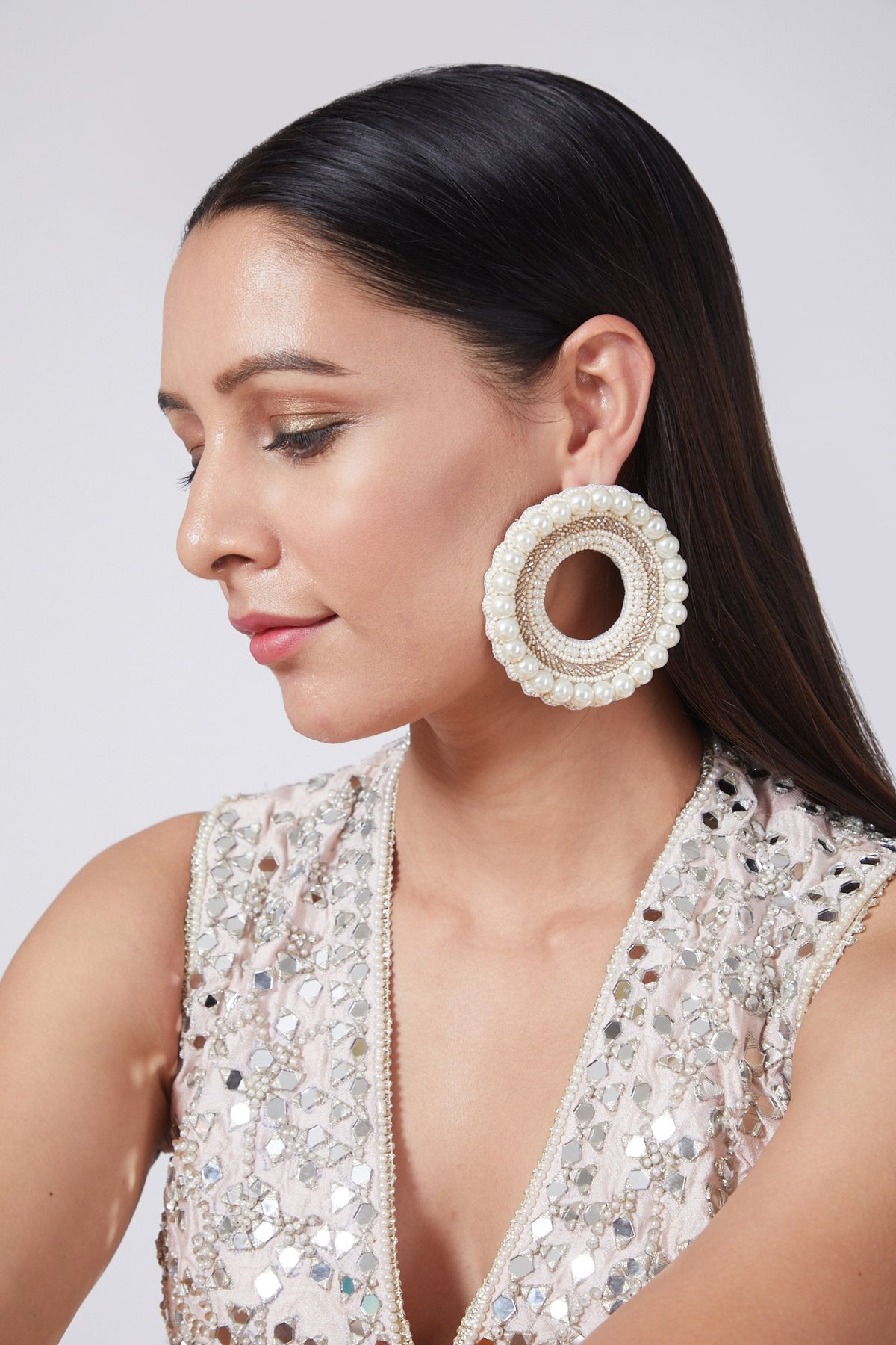 White Beaded Round Earrings