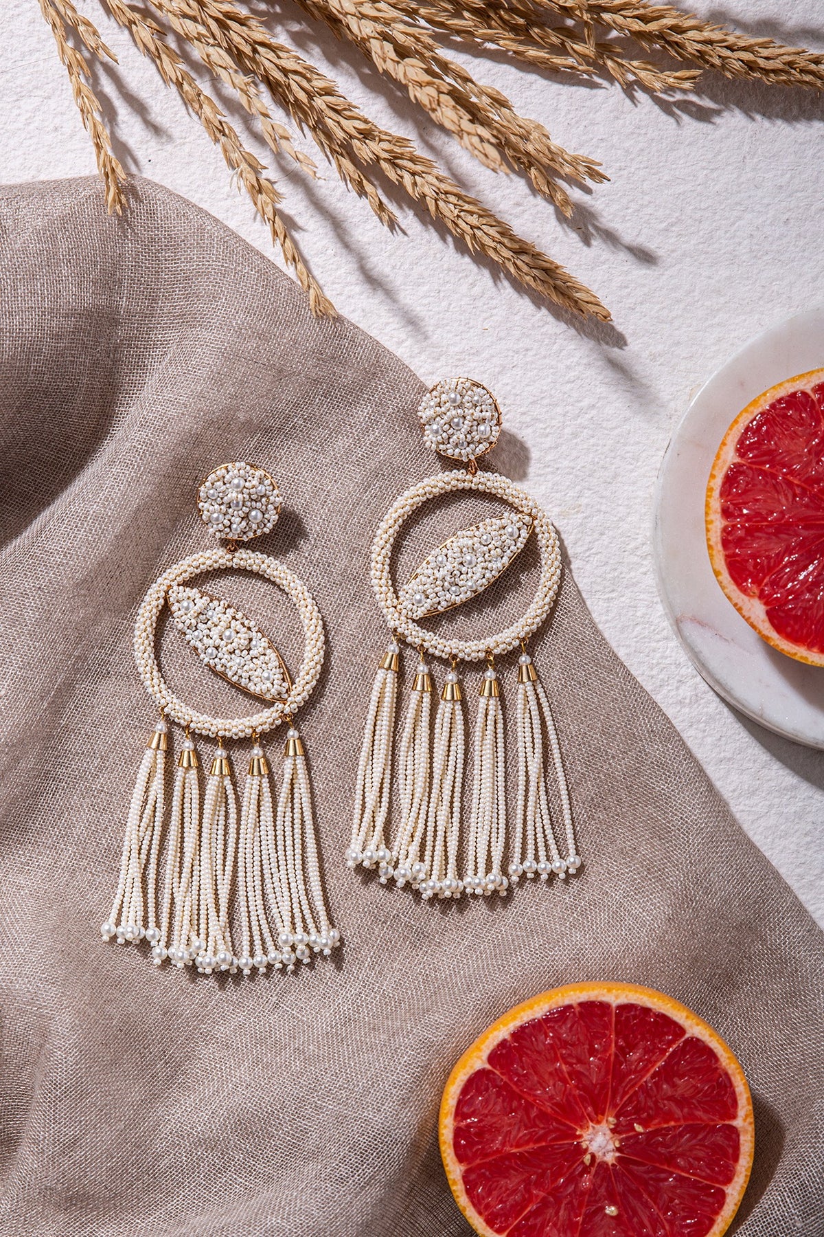 White Embroidered Dangler Earrings