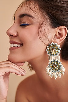 White Hand Embroidered Long Earrings