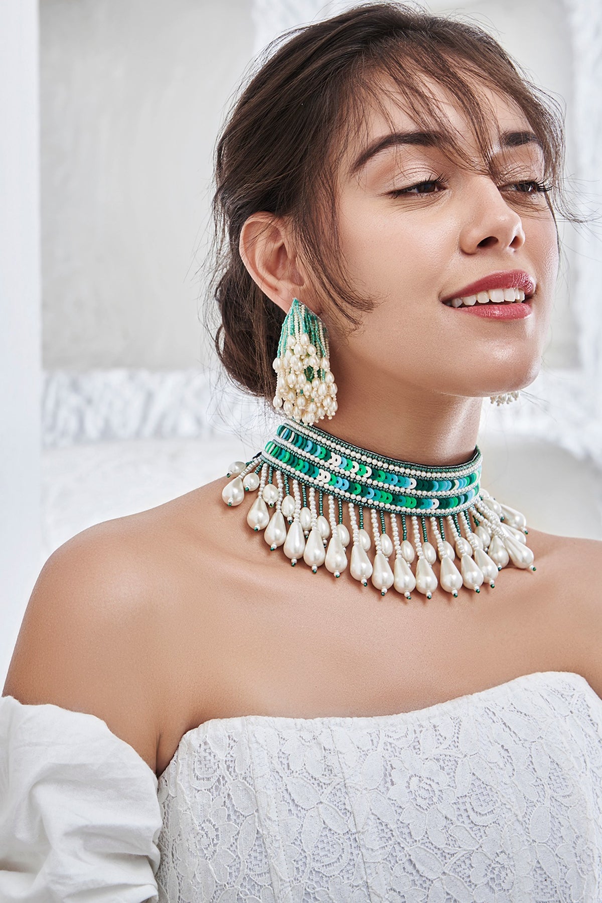 Green Pearl Hand Embroidered Choker Necklace