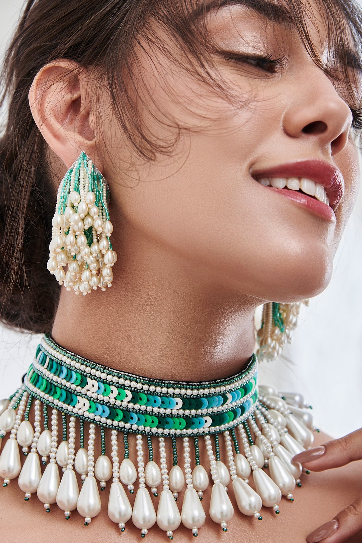Green Hand Embroidered Earrings