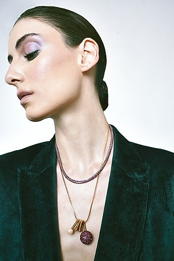 Gold Plated Pink Chaton Crystal & Faux Pearl Layered Pendant Necklace