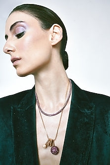 Gold Plated Pink Chaton Crystal & Faux Pearl Layered Pendant Necklace
