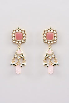 Gold Finish Pink Kundan Polki Dangler Earrings