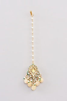 Gold Finish Yellow Beaded & Kundan Polki Maangtikka
