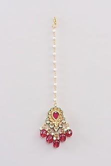 Gold Finish Kundan Polki & Red Beaded Maangtikka