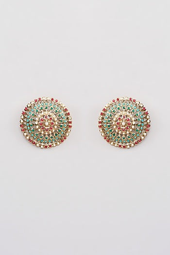 Gold Finish Multi-Colored Jadau Kundan Polki Stud Earrings