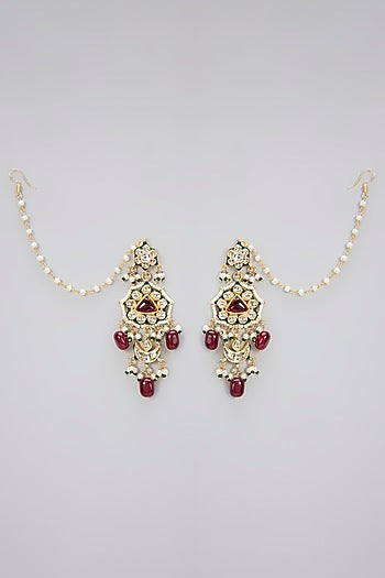 Gold Finish Kundan Polki & Red Beaded Handcrafted Dangler Earrings