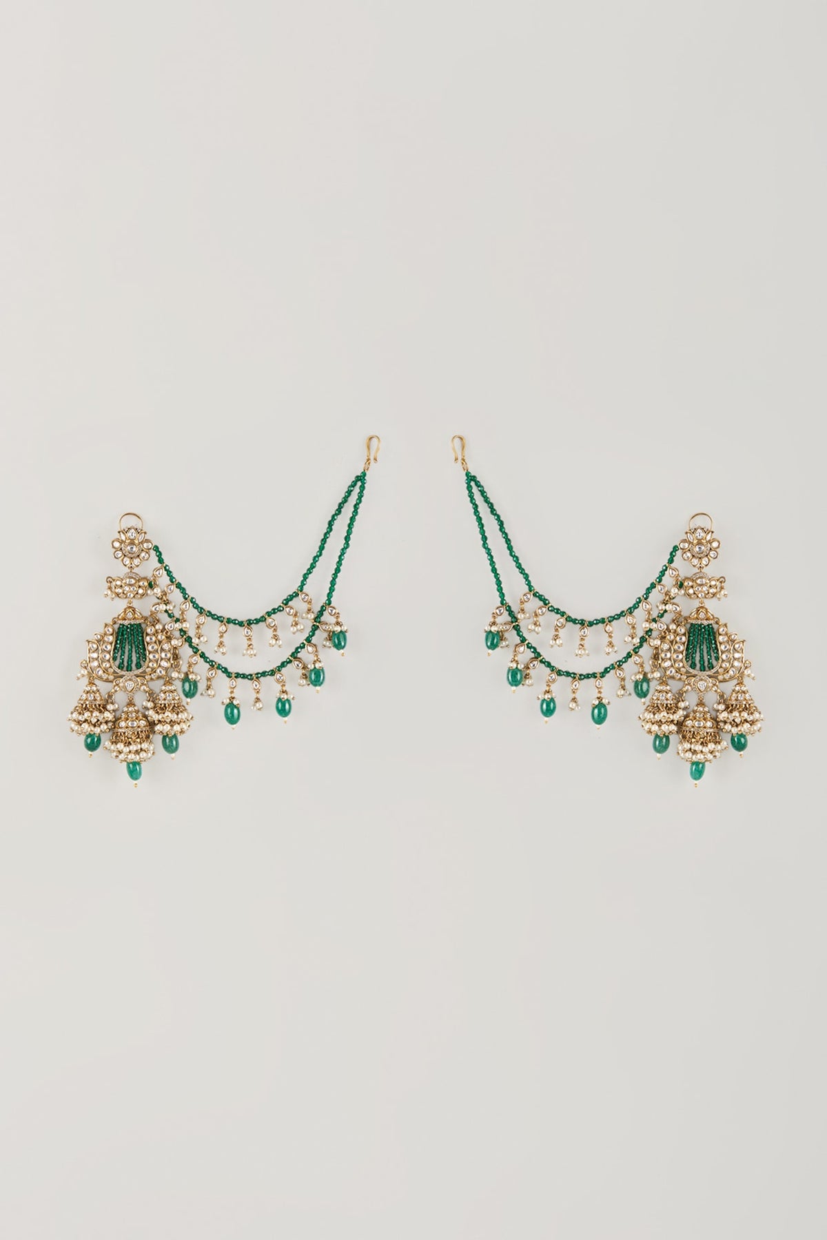 Gold Finish Green Kundan Polki & Pearl Dangler Earchains