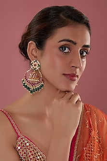 Gold Finish Pachi Kundan Polki Chandbali Earrings